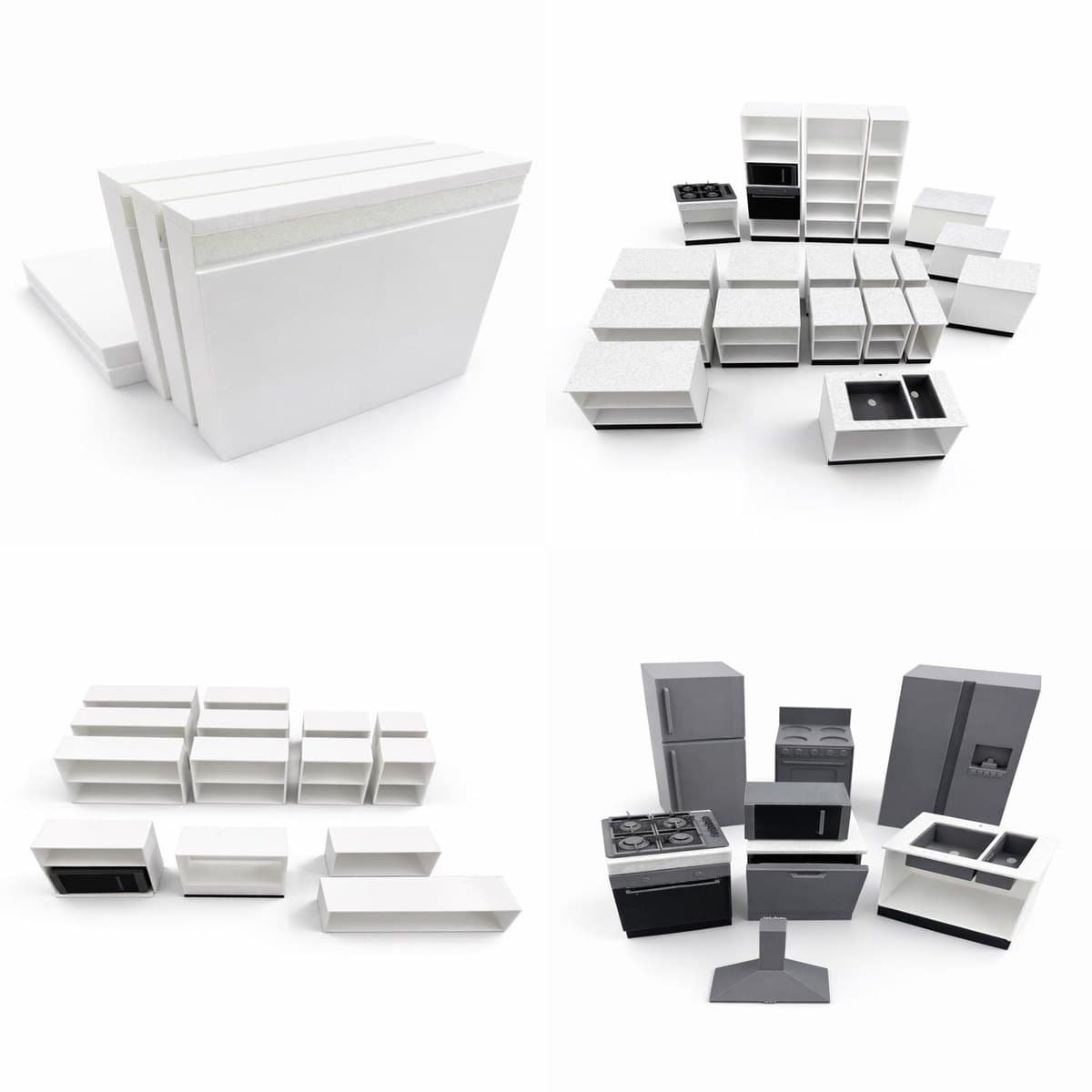 Contenido del kit de maqueta de cocina: frentes, módulos bajos y altos, murales y electrodomésticos a escala